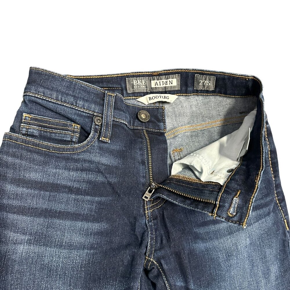 BKE Aiden Mens 27S Bootleg Jeans Dark Wash Denim Whiskered 30" Inseam Mid Rise - Picture 7 of 16